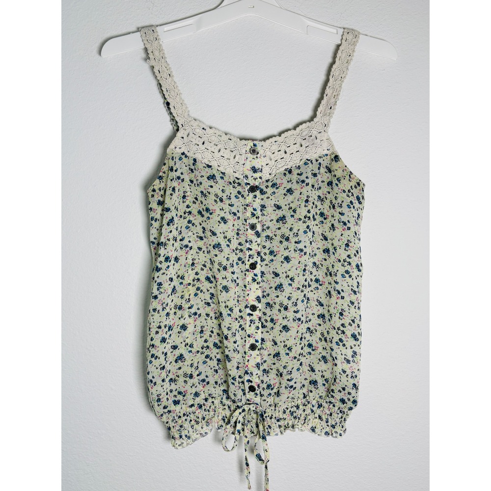 1010 Floral Crochet Lace Trim Button Front Smocked Hem Camisole Top Small